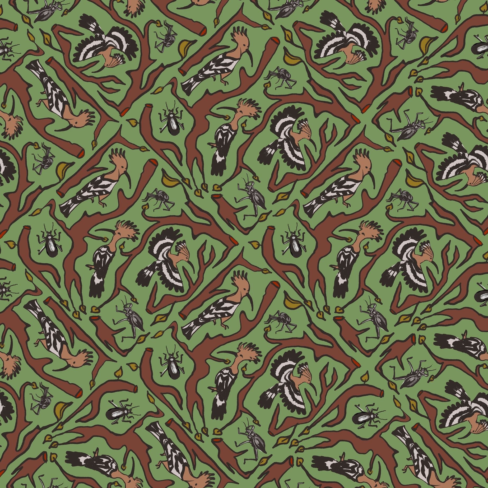 Bird and Branch repeat pattern: hoopoes and branches on sage green