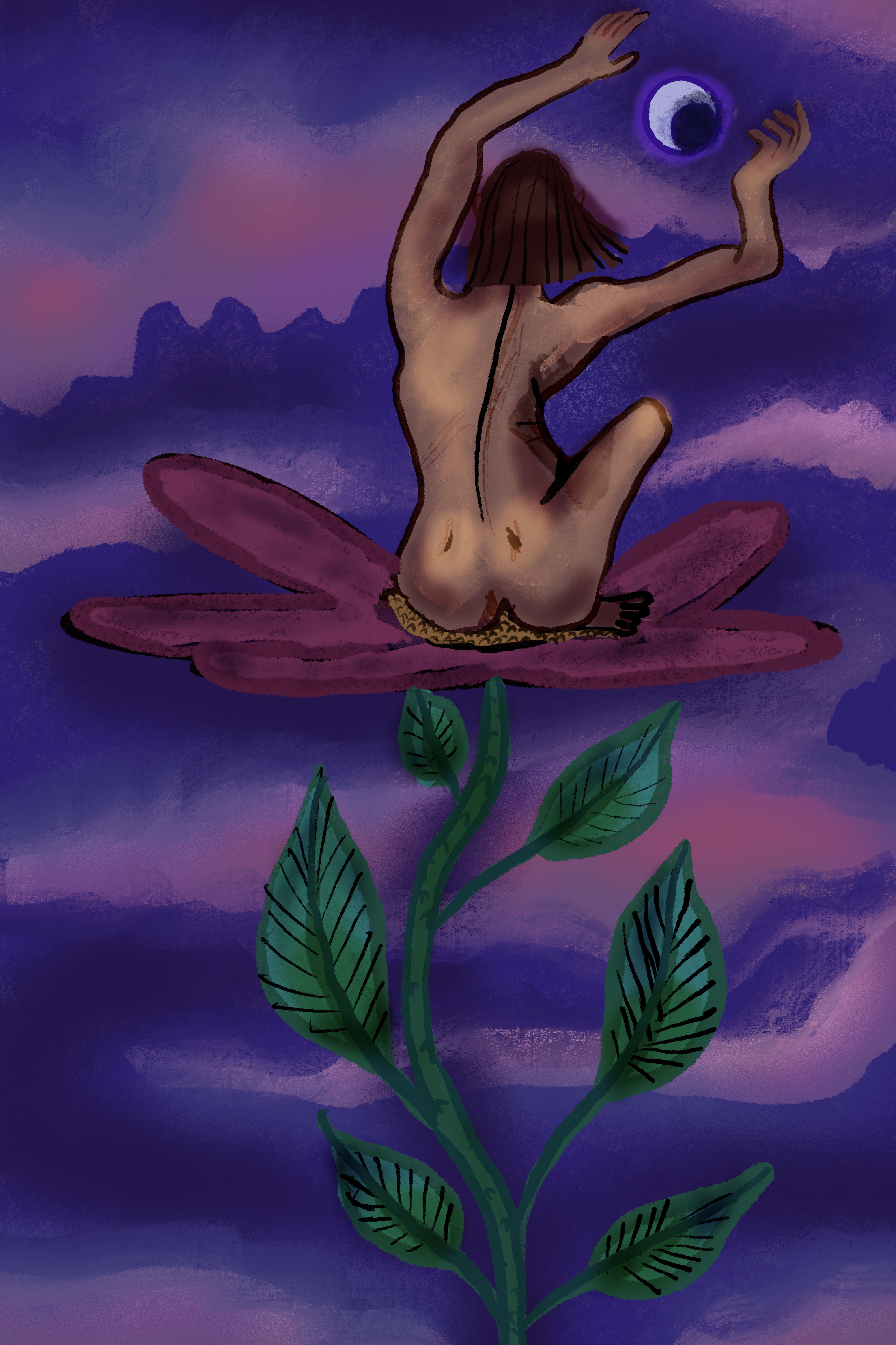 Blossom of Aether: a figure seated on a great pink blossom reaches toward an eclipsed moon in a violet sky