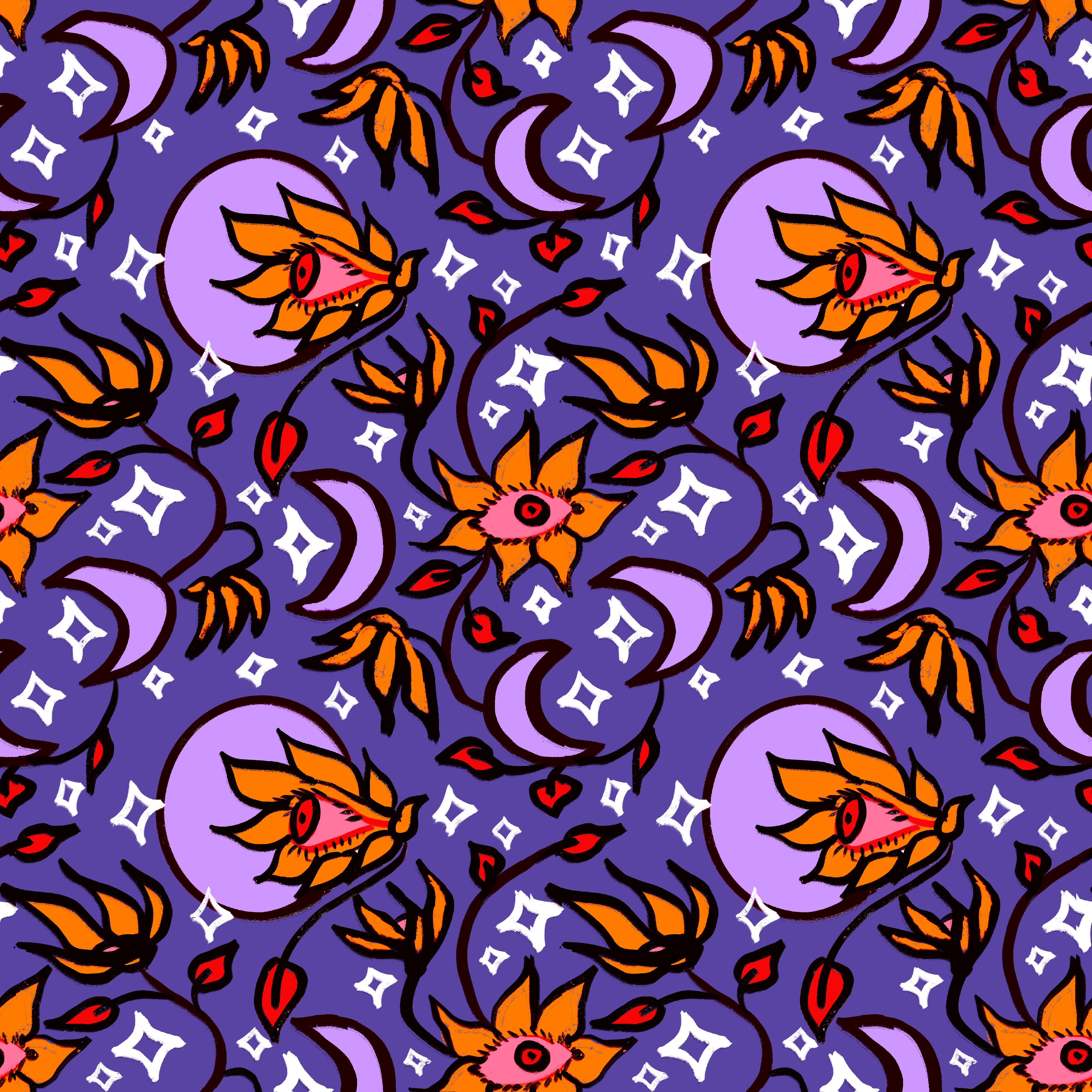 Celestial Bloom repeat pattern with eye-flowers and crescent moons, violet colorway