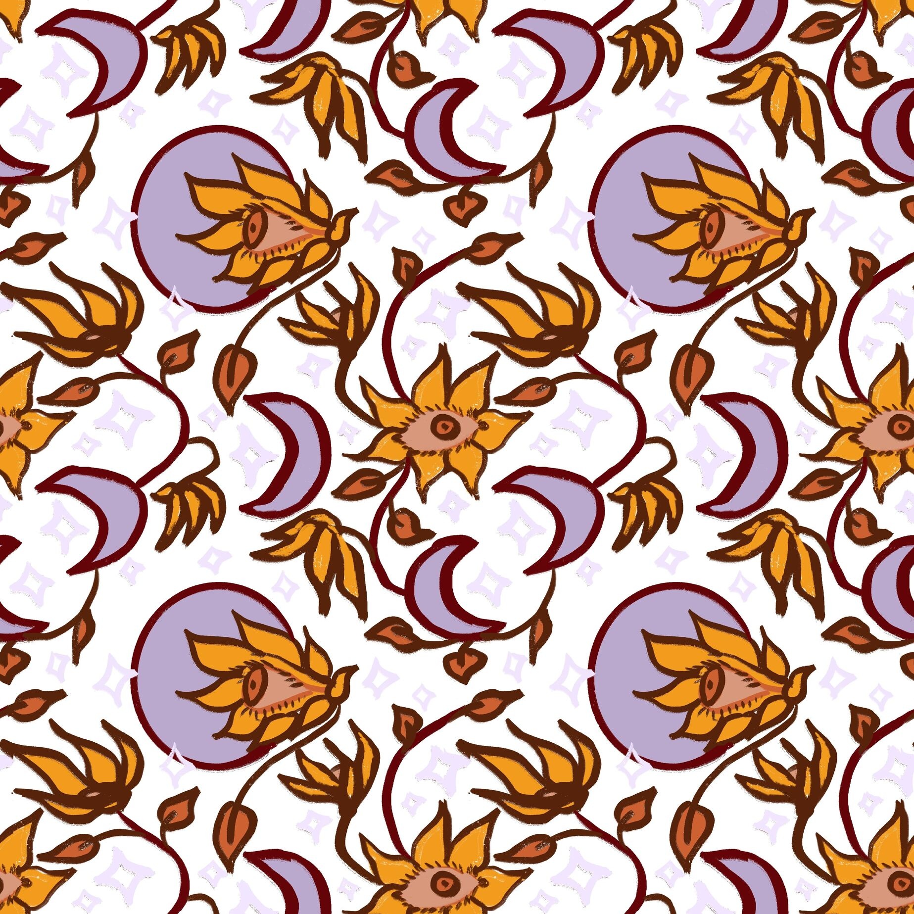 Celestial Bloom repeat pattern with eye-flowers and crescent moons, white colorway