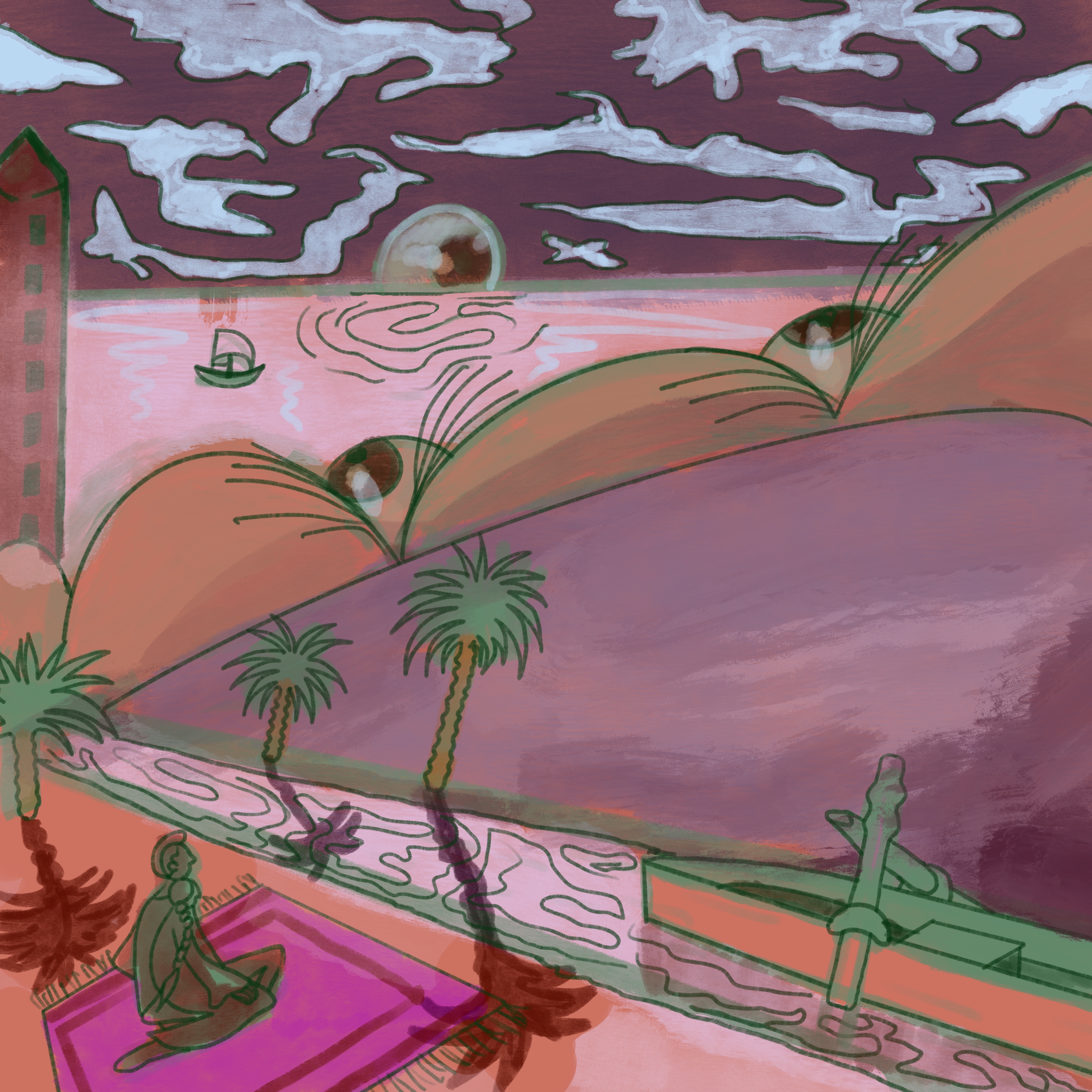 Chromatic Ocean: a figure on a magenta prayer rug overlooks pink dunes with sleeping eyes, palms, and a distant sail