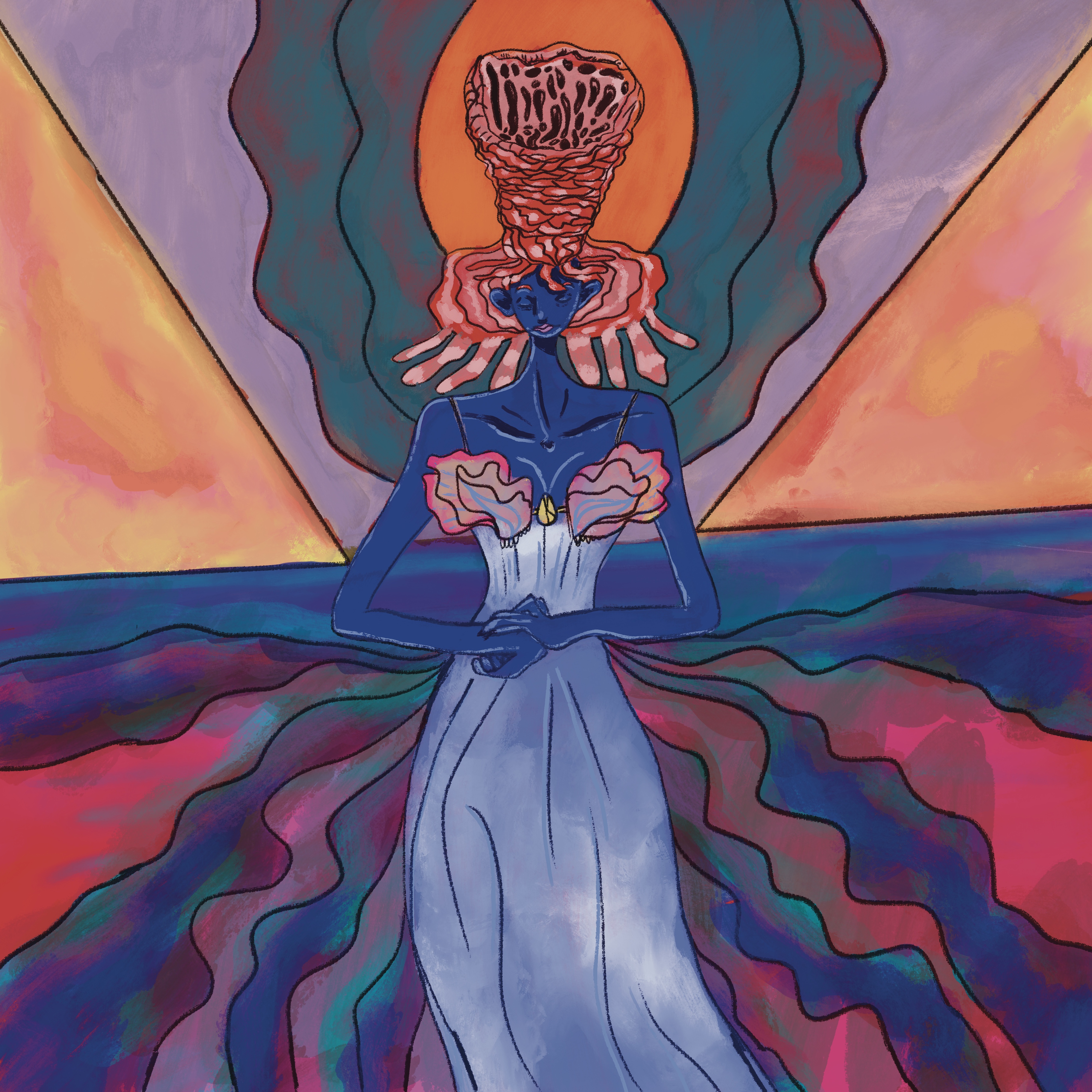 Coral Seraph: a blue-skinned figure in a pale gown, crowned with living coral, before a setting sun and layered sea
