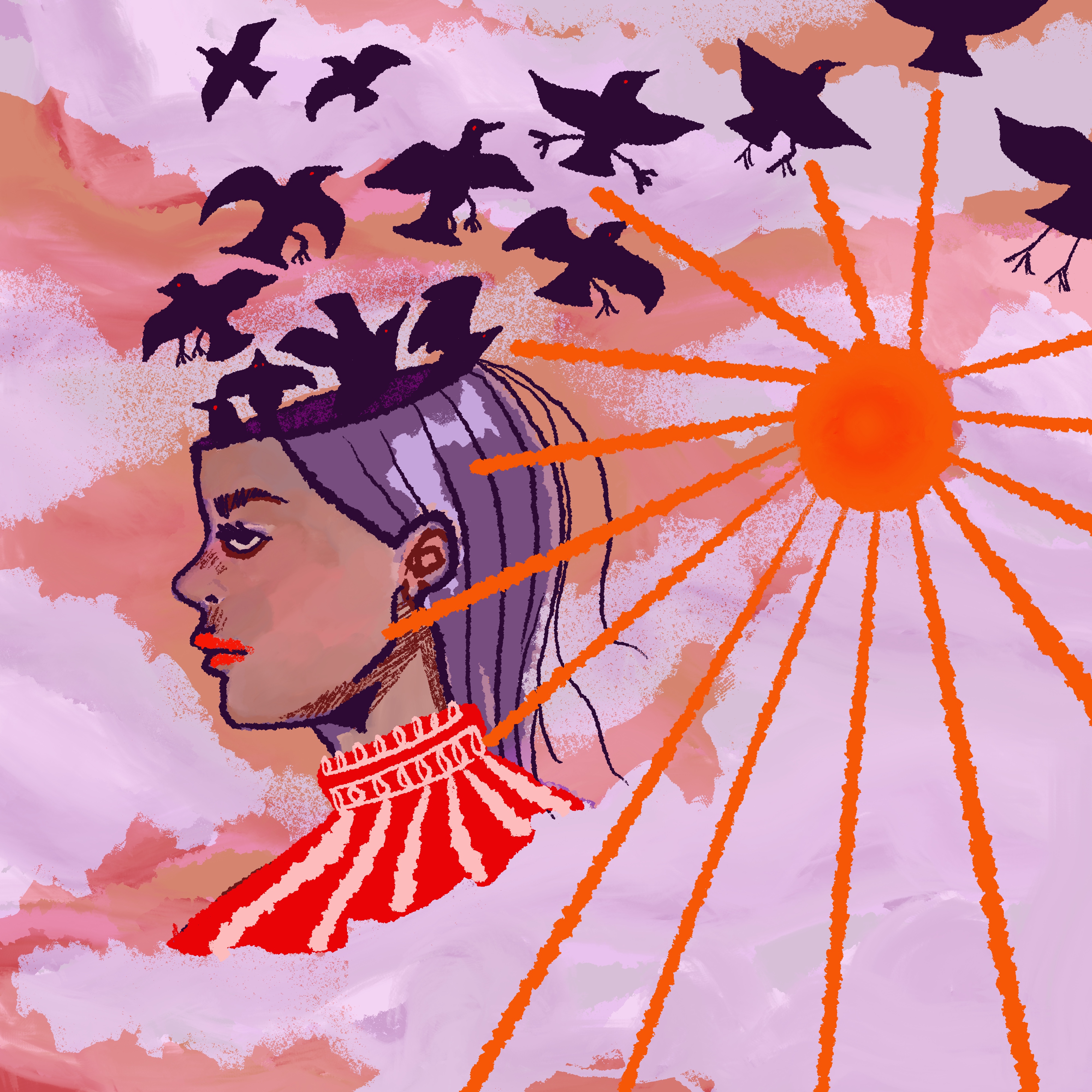 Corvid Crown: a woman in profile wearing a ruffled red collar, a flock of dark birds rising from her crown toward an orange sun