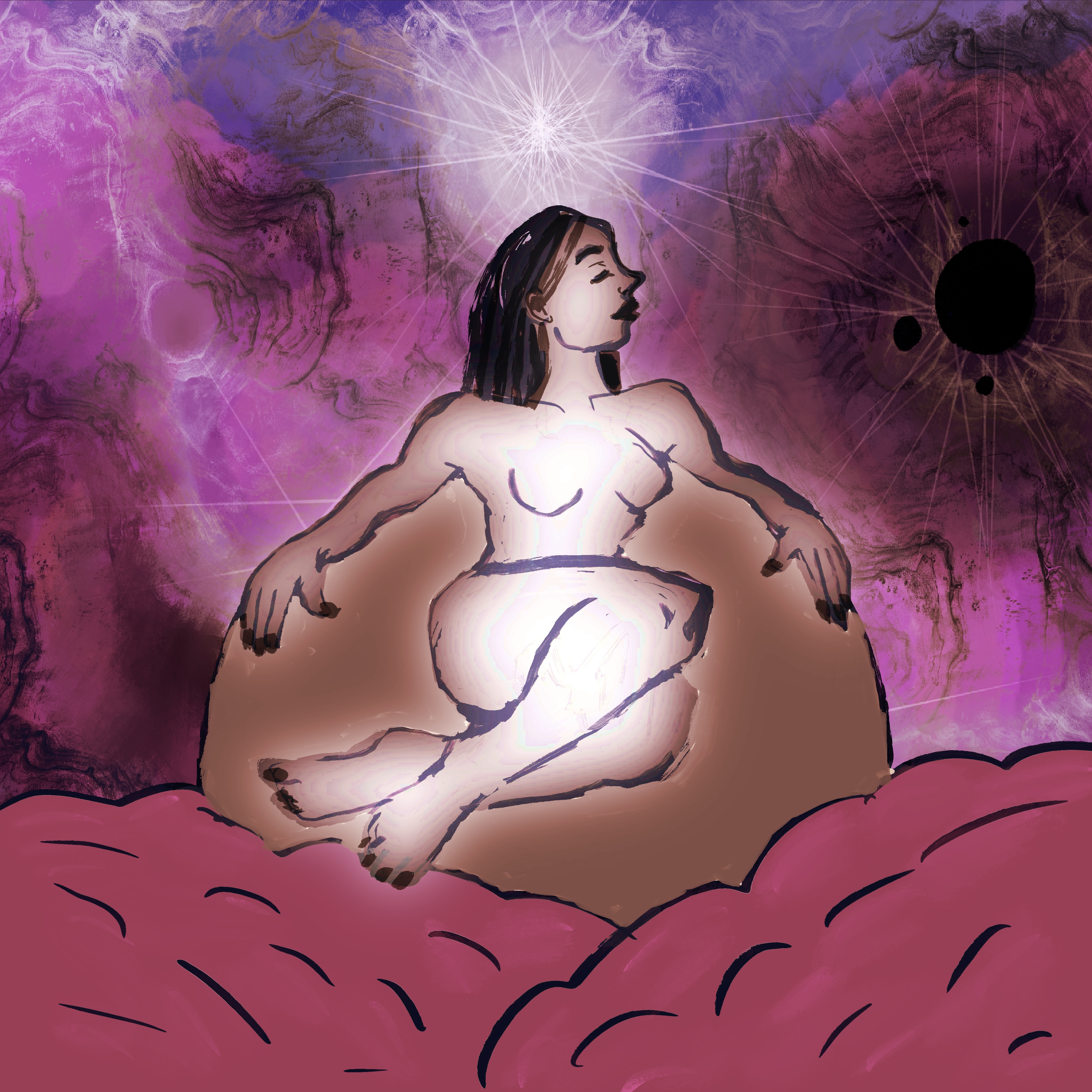 Cosmic Queen: a luminous seated figure glowing from within against a swirling violet nebula