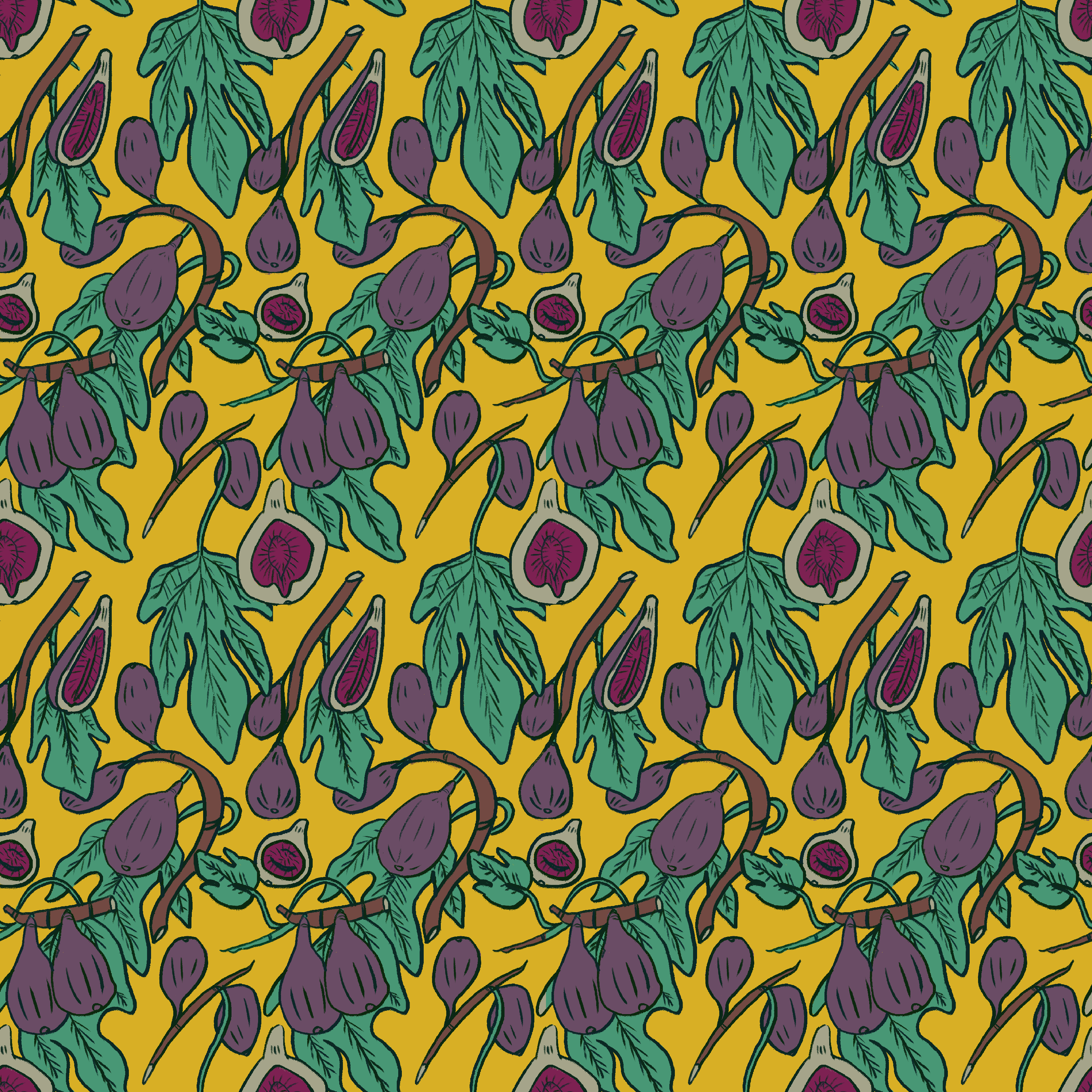 Fig Harvest repeat pattern, mustard colorway