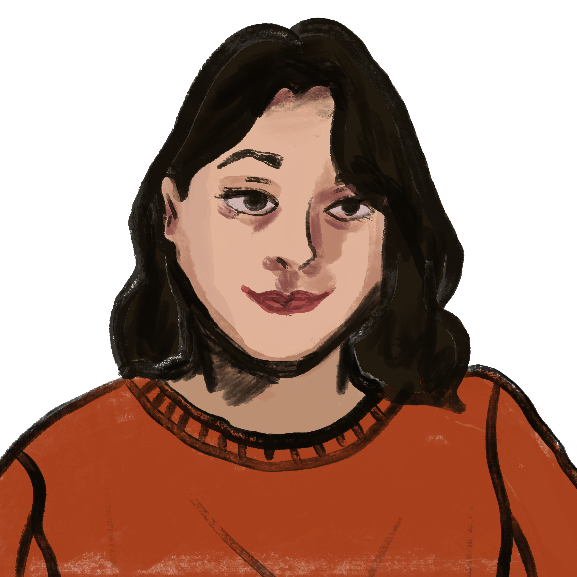 Self-portrait of Hana, dark wavy hair and a rust-orange sweater
