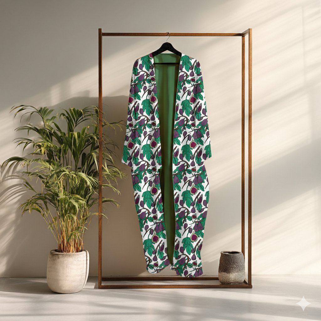 Fig Harvest pattern in white colorway on a flowing kimono robe