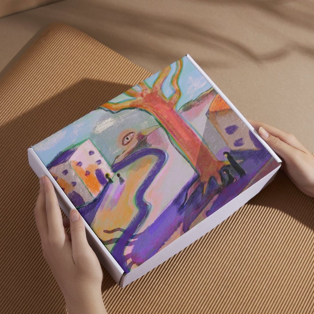 Witness of a Winding Road artwork printed on a shipping mailer box