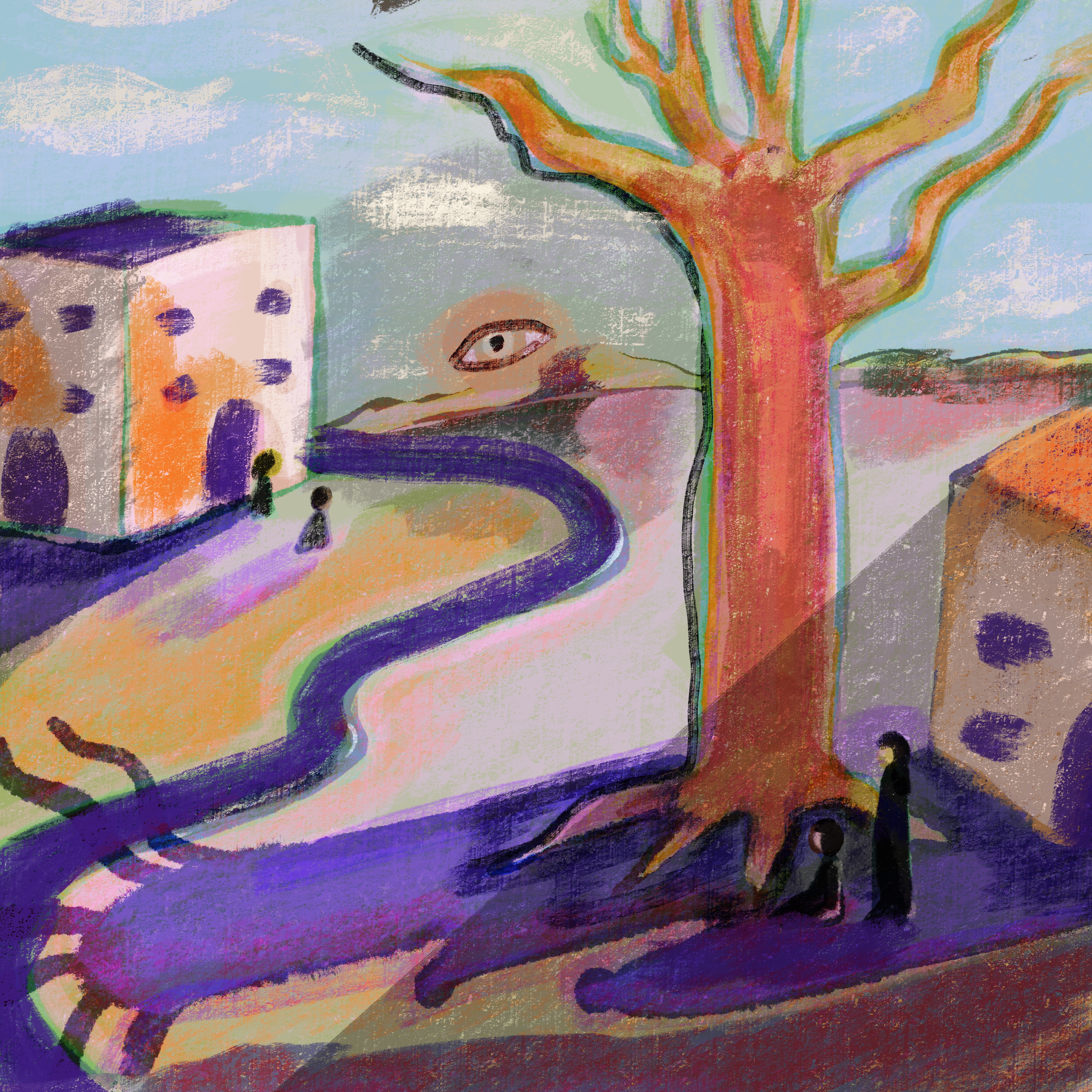 Witness of a Winding Road: a violet road winds between houses beneath a hillside bearing a single watching eye